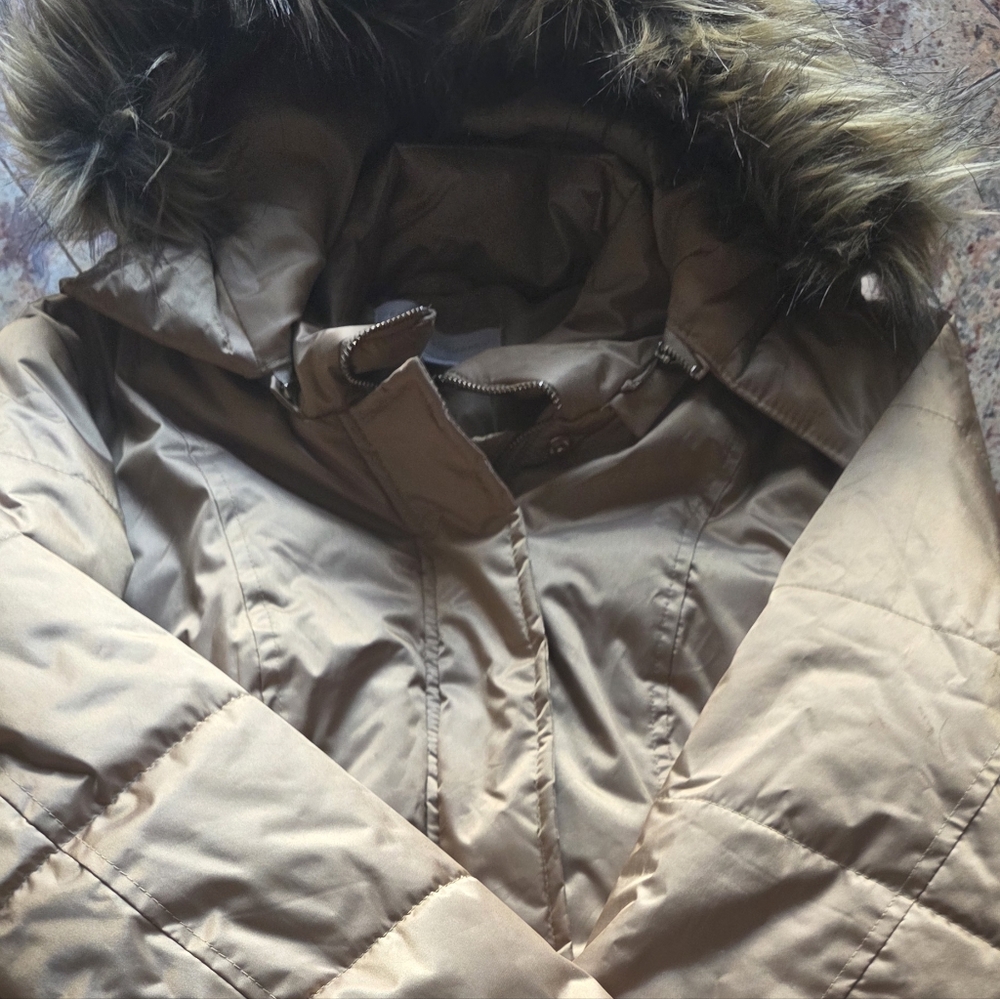 Women's Tan Puffer Jacket with Faux Fur Hood